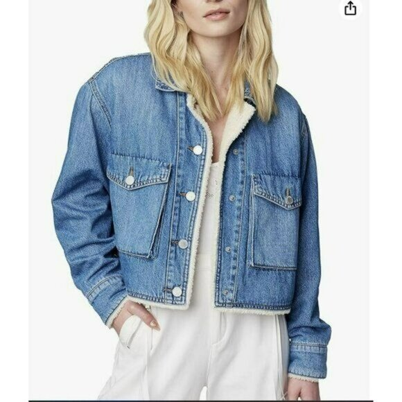 Blank NYC $148 Faux Fur Sherpa Lined Crop Denim Jacket Size Small NWT - Picture 1 of 9